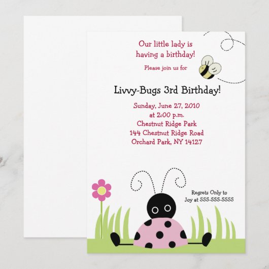 Little Ladybug (roze) 5x7 Birthday Invitation Kaart (Voorkant / Achterkant)