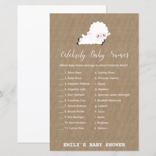 Little Lamb Baby shower Game PRINED (Voorkant / Achterkant)