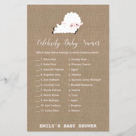 Little Lamb Baby shower Game PRINED (Voorkant)