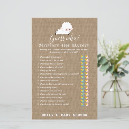 Little Lamb Baby shower Game PRINED (Staand voorkant)