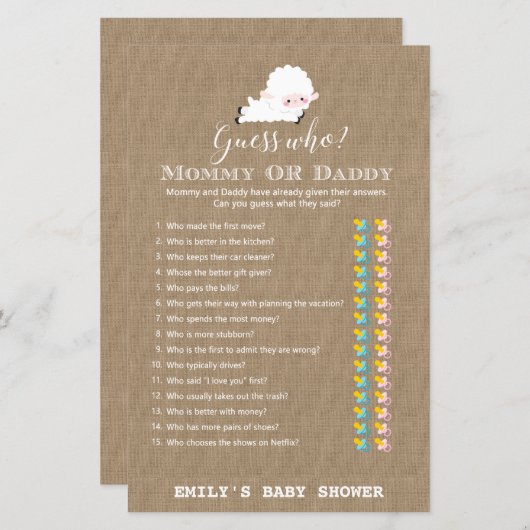 Little Lamb Baby shower Game PRINED (Voorkant / Achterkant)