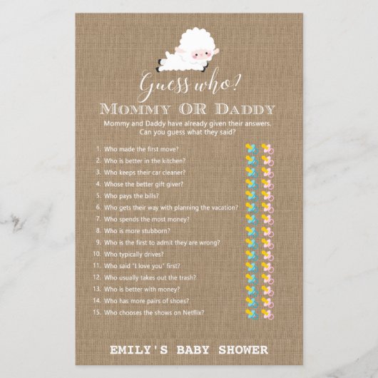 Little Lamb Baby shower Game PRINED (Voorkant)
