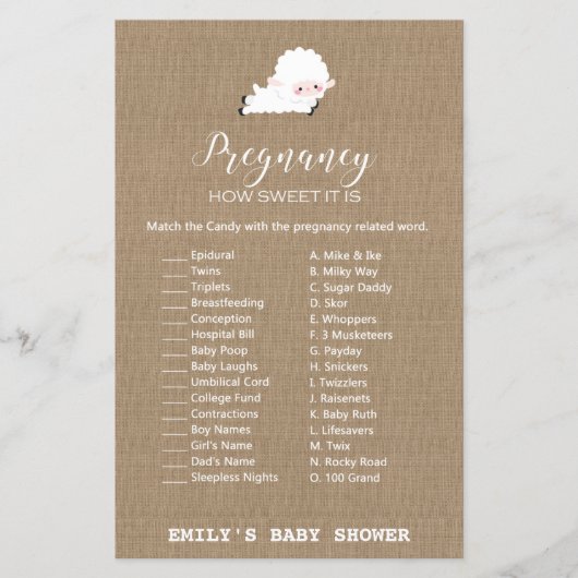 Little Lamb Baby shower Game PRINED (Voorkant)