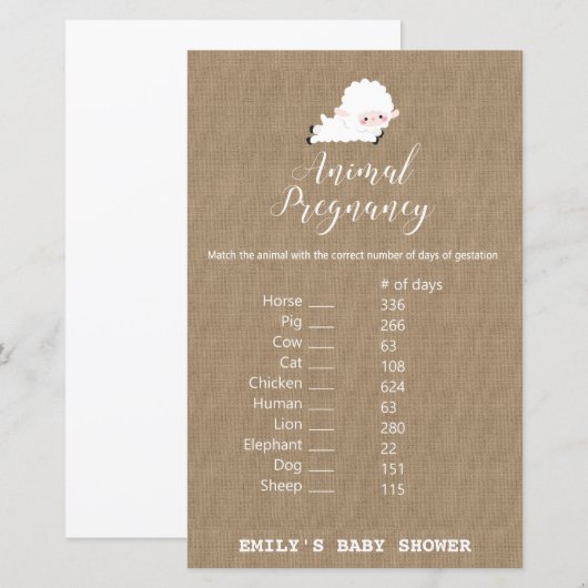 Little Lamb Baby shower Game PRINED (Voorkant / Achterkant)