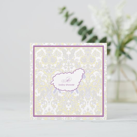 Little Lamb Baby shower Invitation | Paars Kaart (Staand voorkant)