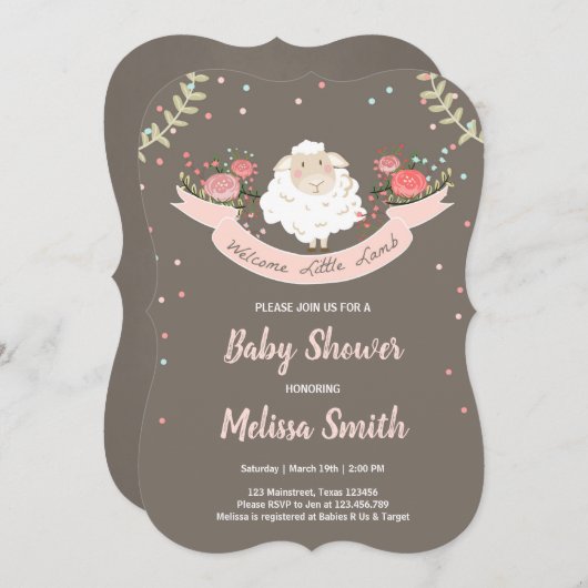 Little lamb Baby shower Invitation Pink Spring Kaart (Voorkant / Achterkant)
