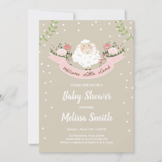 Little lamb Baby shower Invitation Pink Spring Kaart (Voorkant)