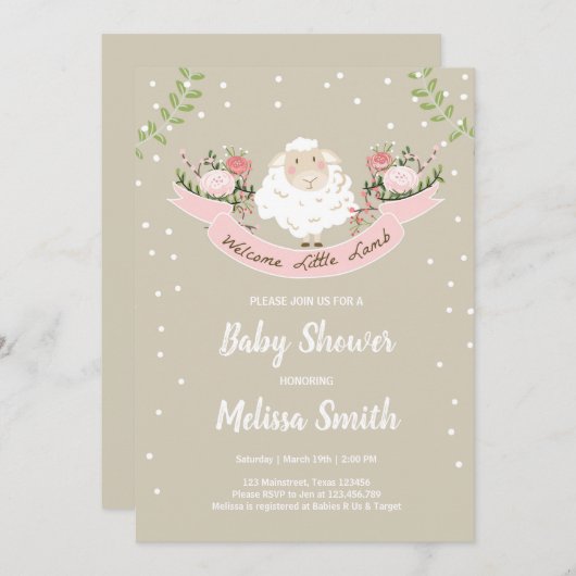 Little lamb Baby shower Invitation Pink Spring Kaart (Voorkant / Achterkant)