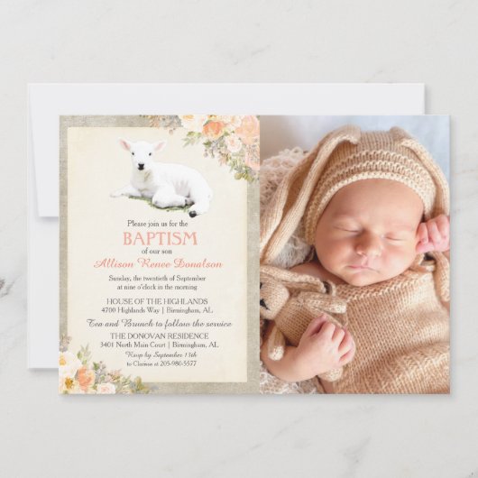 Little Lamb Baptism Bloemen Foto Uitnodiging (Voorkant)
