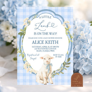 Little Lamb Blauwe Jongens Baby Shower Uitnodiging