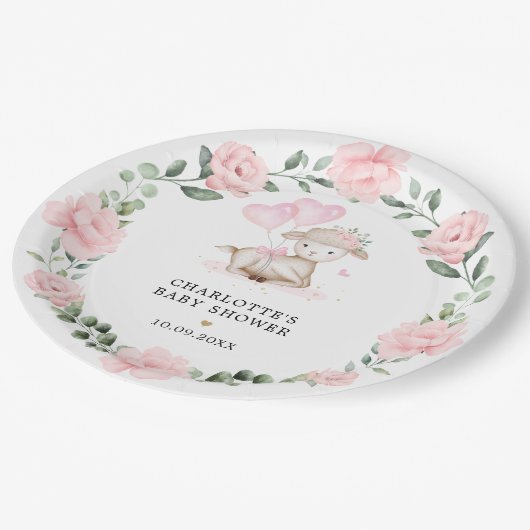 Little Lamb Blush Pink Floral Greenery Baby Girl Papieren Bordje (Gekanteld)