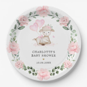 Little Lamb Blush Pink Floral Greenery Baby Girl Papieren Bordje