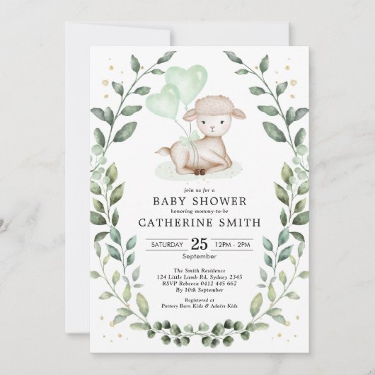 Little Lamb Eucalyptus Greenery Wreath Baby Shower Kaart (Voorkant)