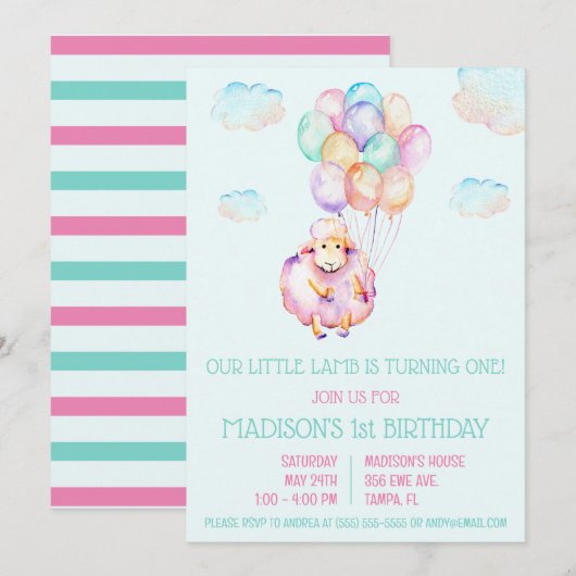 Little Lamb First Birthday Party Kaart (Voorkant / Achterkant)