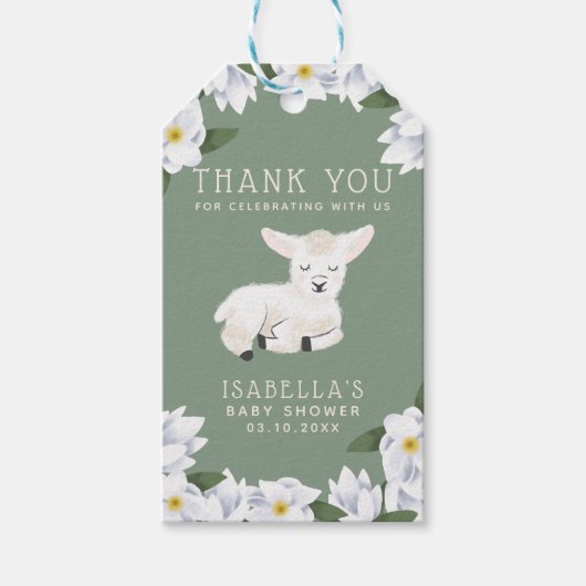 Little Lamb Floral Baby shower Dank je wel gunst Cadeaulabel (Voorkant)
