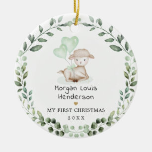Little Lamb Greenery Wreaty Baby First Kerstmis Keramisch Ornament