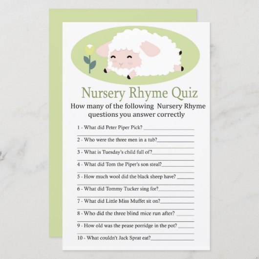 Little lamb Nursery Rhyme Quiz baby shower game (Voorkant / Achterkant)