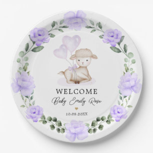 Little Lamb Paars Floral Greenery Welcome Baby Papieren Bordje