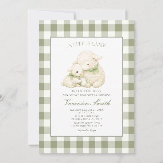 Little Lamb Sage Gingham Baby Shower Kaart (Voorkant)