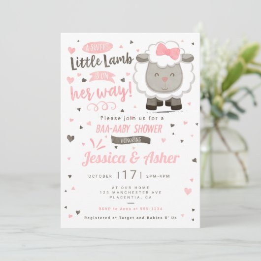 Little Lamb Sheep Baby Girl Shower Kaart (Staand voorkant)