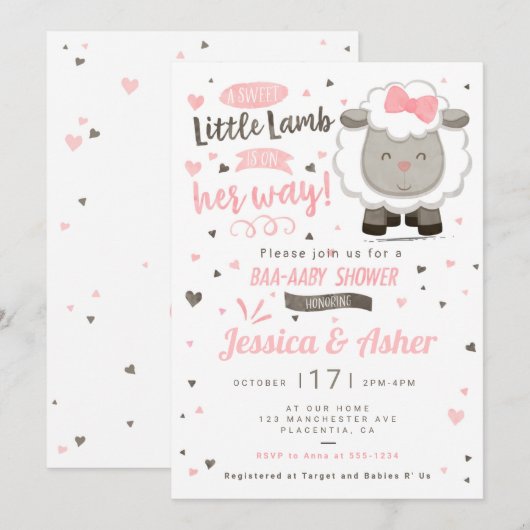 Little Lamb Sheep Baby Girl Shower Kaart (Voorkant / Achterkant)