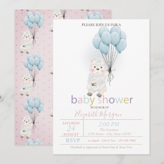 Little Lamb Sheep Balloons Baby shower Kaart (Voorkant / Achterkant)