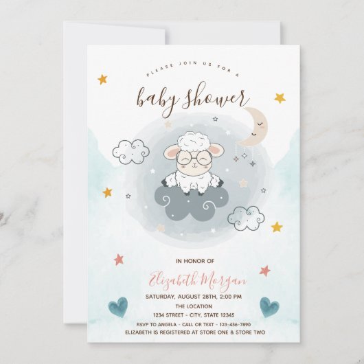 Little Lamb Sheep Cloud Moon Stars Baby shower Kaart (Voorkant)