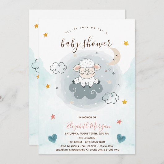 Little Lamb Sheep Cloud Moon Stars Baby shower Kaart (Voorkant / Achterkant)