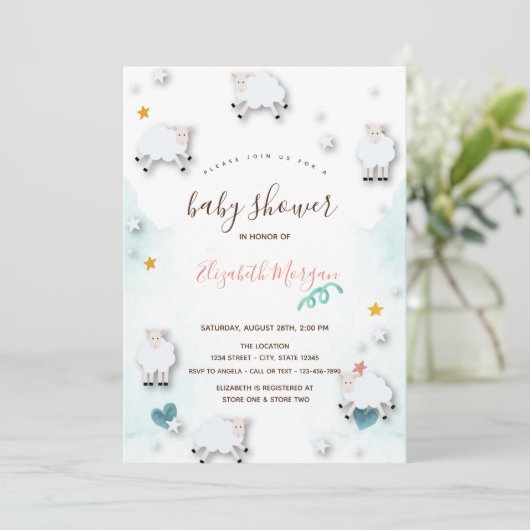 Little Lamb Sheeps Cloud Stars Baby shower Kaart (Staand voorkant)