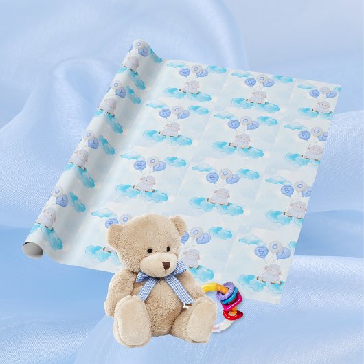 Little Lamb Soaring Hoog in Jongen Blauwe Ballonne Cadeaupapier