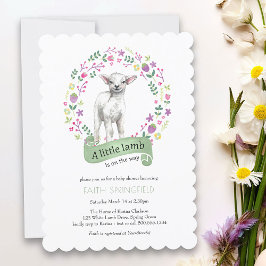 Little Lamb Spring Green Girl Baby shower Invitati Kaart