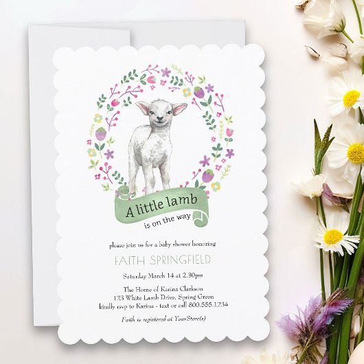 Little Lamb Spring Green Girl Baby shower Invitati Kaart