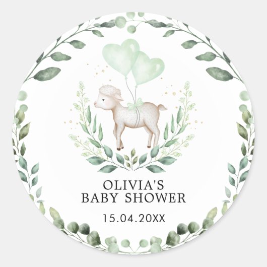 Little Lamb Spring Greenery Baby Sheep Shower Ronde Sticker (Voorkant)