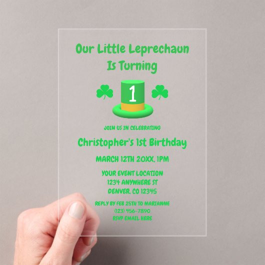 Little Leprechaun 1st Birthday Acryl Uitnodigingen (Insitu (Draagbaar))