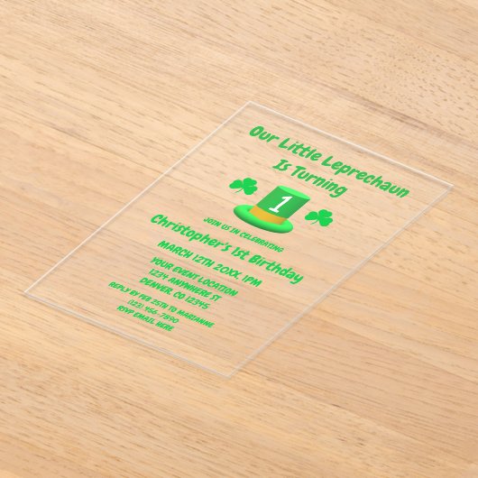 Little Leprechaun 1st Birthday Acryl Uitnodigingen (Laagn)