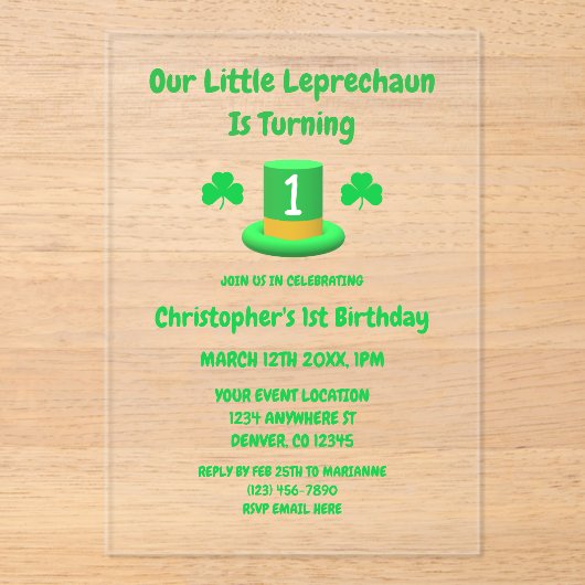 Little Leprechaun 1st Birthday Acryl Uitnodigingen (Voorkant)