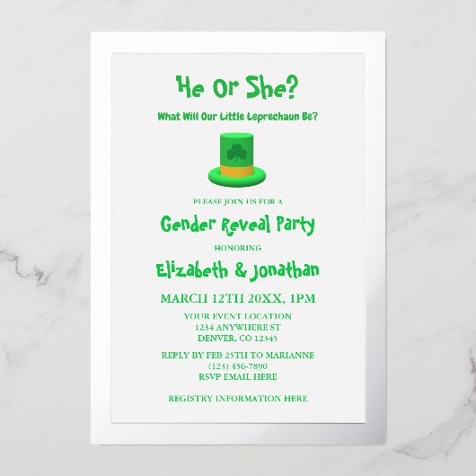 Little Leprechaun Gender onthulling Folie Uitnodiging (Voorkant)