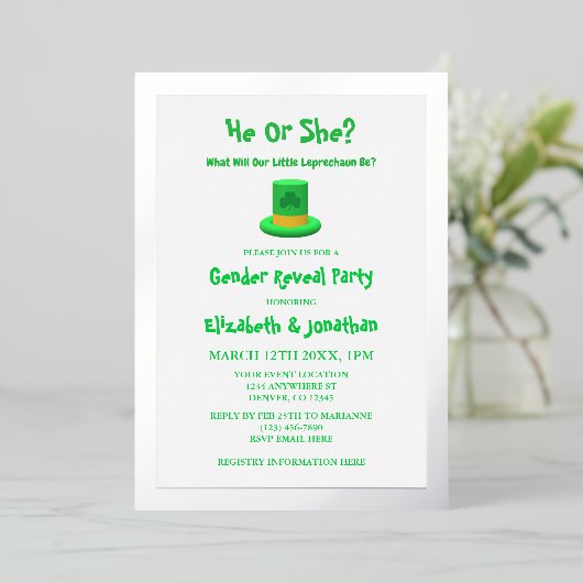 Little Leprechaun Gender onthulling Folie Uitnodiging (Staand Voorkant)