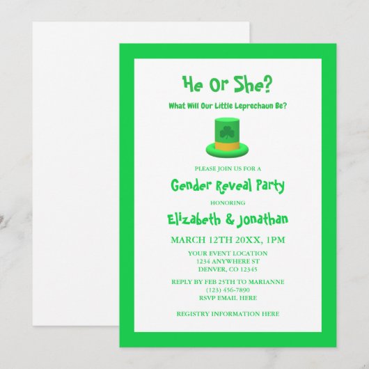 Little Leprechaun Gender onthulling Kaart (Voorkant / Achterkant)