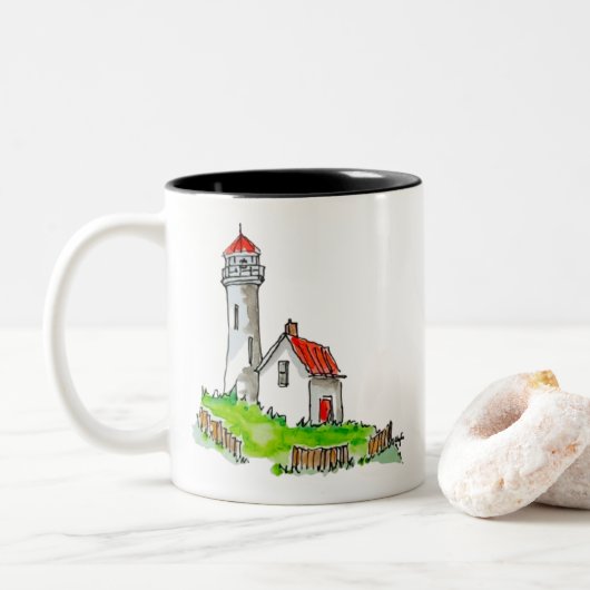Little Lighthouse Watercolor Tweekleurige Koffiemok (Met donut)