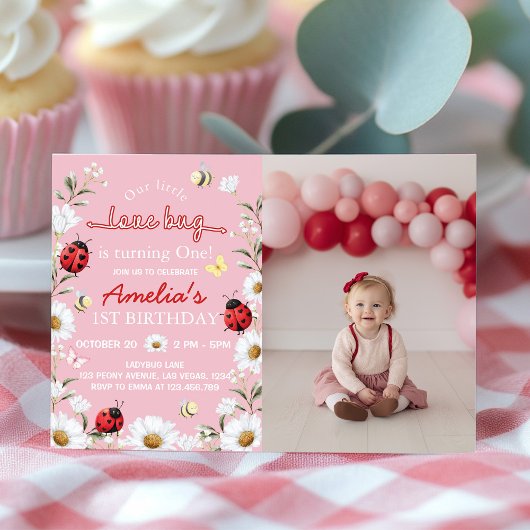 Little Love Bug Daisy Floral Birthday Photo Invite Bedankkaart