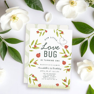 Little Love Bug Ladybug Girl 1st Birthday Invitati Kaart