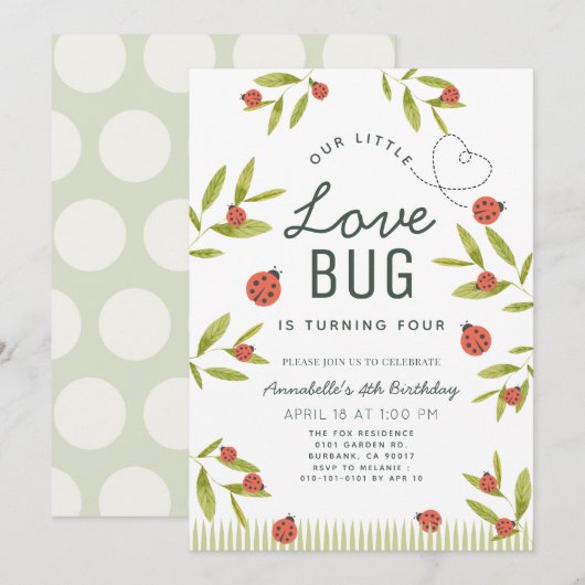 Little Love Bug Ladybug Girl Birthday Invitation Kaart (Voorkant / Achterkant)