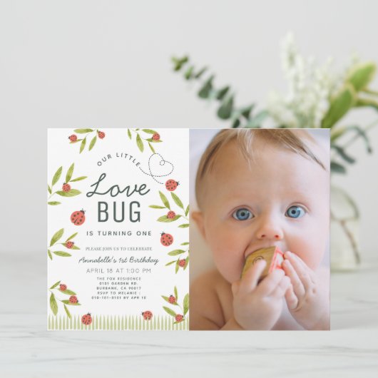 Little Love Bug Ladybug Girl Foto 1e verjaardag in Kaart (Staand voorkant)