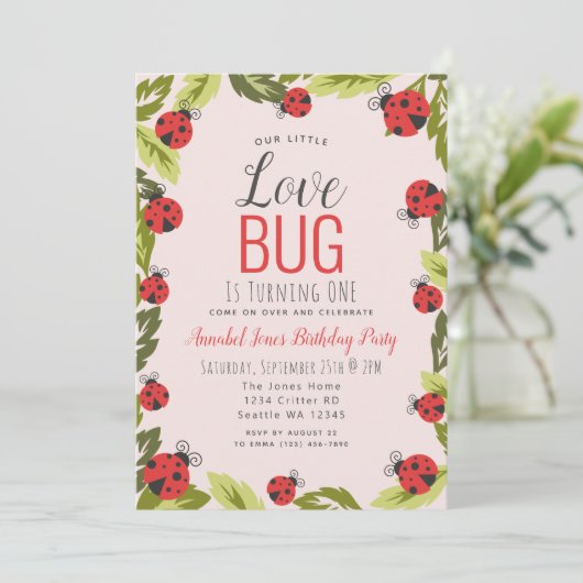 Little Love Bug Ladybug Kinder 1st Birthday Kaart (Staand voorkant)