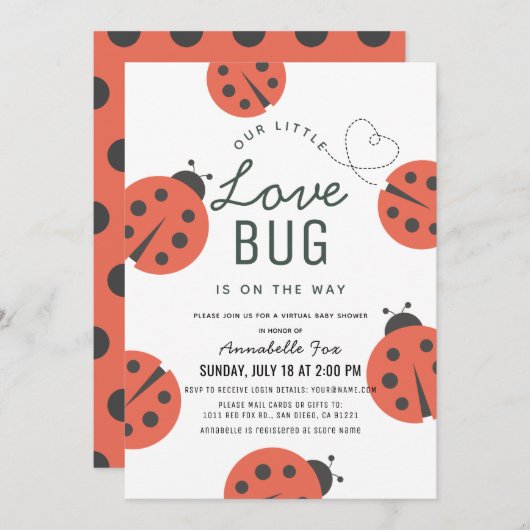 Little Love Bug Ladybug Virtual Baby shower Kaart (Voorkant / Achterkant)