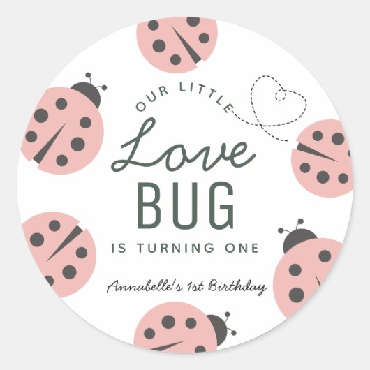 Little Love Bug Pink Ladybug Birthday Ronde Sticker (Voorkant)