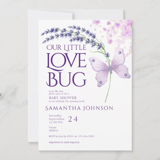 Little Love Bug Vlinder Lavendel Baby shower Kaart (Voorkant)