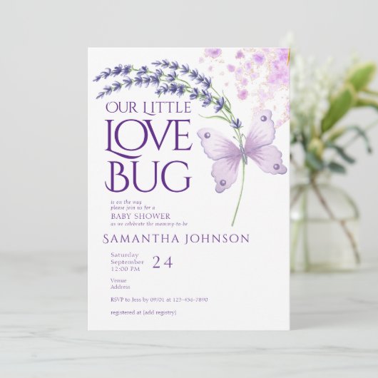 Little Love Bug Vlinder Lavendel Baby shower Kaart (Staand voorkant)