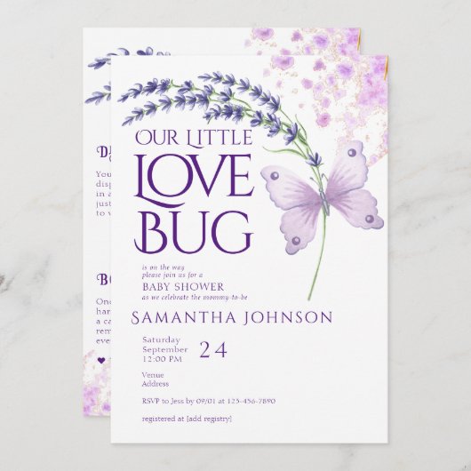 Little Love Bug Vlinder Lavendel Baby shower Kaart (Voorkant / Achterkant)